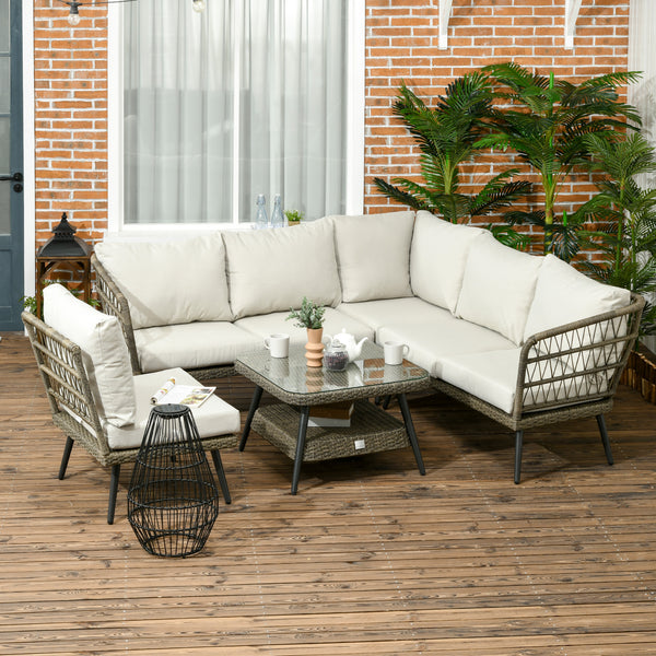 5 Pieces Outdoor Rattan Corner Sofa, Round and Twin Half-round Wicker Woven Rattan Garden Furniture w/ Thick Padded Cushions and Tempered Glass Top Two-tier Table, Grey