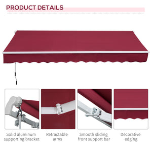 Outsunny 12' x 8' Retractable Awning Patio Awnings Sun Shade Shelter with Manual Crank Handle, 280g/m² UV & Water-Resistant Fabric and Aluminum Frame for Deck, Balcony, Yard, Red