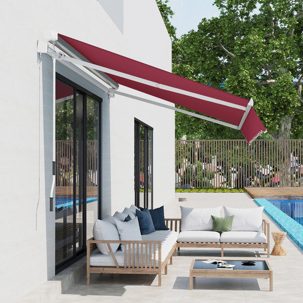 Outsunny 12' x 8' Retractable Awning Patio Awnings Sun Shade Shelter with Manual Crank Handle, 280g/m² UV & Water-Resistant Fabric and Aluminum Frame for Deck, Balcony, Yard, Red