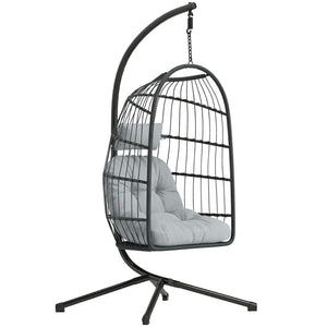 Hanging Egg Chair, Indoor Outdoor Hammock Swing Chair with Stand, Safety Strap, Foldable Basket, Thick Cushions, Headrest, Adjustable Height, Metal Frame for Garden Balcony, Dark/Light Grey