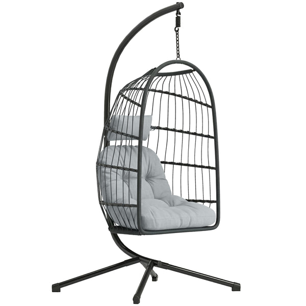 Hanging Egg Chair, Indoor Outdoor Hammock Swing Chair with Stand, Safety Strap, Foldable Basket, Thick Cushions, Headrest, Adjustable Height, Metal Frame for Garden Balcony, Dark/Light Grey