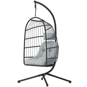 Hanging Egg Chair, Indoor Outdoor Hammock Swing Chair with Stand, Safety Strap, Foldable Basket, Thick Cushions, Headrest, Adjustable Height, Metal Frame for Garden Balcony, Dark/Light Grey