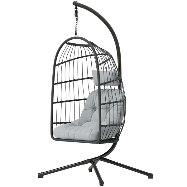 Hanging Egg Chair, Indoor Outdoor Hammock Swing Chair with Stand, Safety Strap, Foldable Basket, Thick Cushions, Headrest, Adjustable Height, Metal Frame for Garden Balcony, Dark/Light Grey