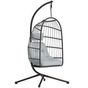 Hanging Egg Chair, Indoor Outdoor Hammock Swing Chair with Stand, Safety Strap, Foldable Basket, Thick Cushions, Headrest, Adjustable Height, Metal Frame for Garden Balcony, Dark/Light Grey