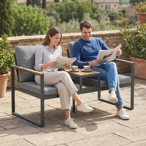 Outdoor Garden Bench, Patio Bench with Metal Frame, Integrated Center Table and Thick Cushions, 2-Seat Patio Loveseat, Light Grey