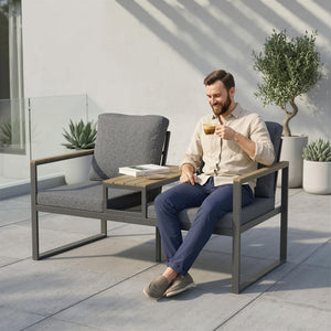 Outdoor Garden Bench, Patio Bench with Metal Frame, Integrated Center Table and Thick Cushions, 2-Seat Patio Loveseat, Light Grey