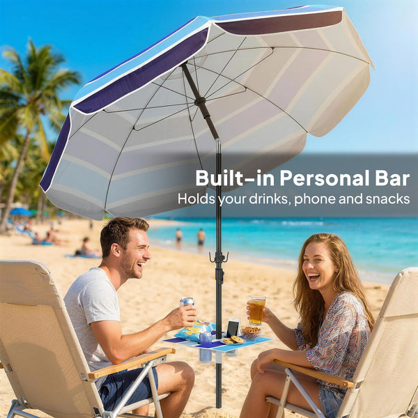 78" Beach Umbrella with Foldable Table and Cup Holder, Adjustable Tilt, Portable with Carry Bag and Hook for Outdoor, Patio, Beach, Multicolor