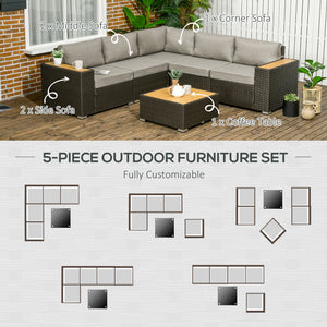 6 Pieces Rattan Patio Furniture Set, 5 Seater Sectional Outdoor Furniture with Wicker Corner Sofa and Wood-Plastic Coffee Table for Deck, Porch, Garden, Light Grey
