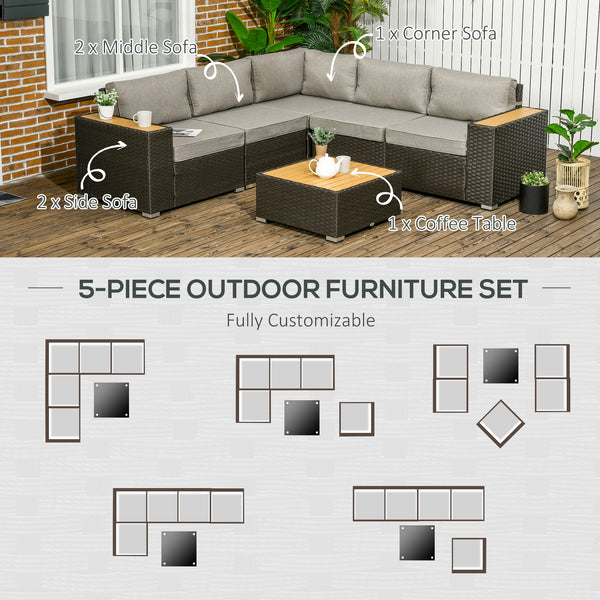 6 Pieces Rattan Patio Furniture Set, 5 Seater Sectional Outdoor Furniture with Wicker Corner Sofa and Wood-Plastic Coffee Table for Deck, Porch, Garden, Light Grey