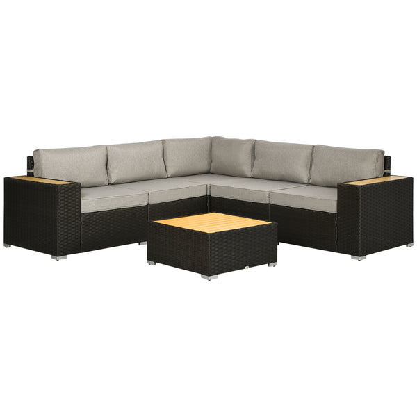6 Pieces Rattan Patio Furniture Set, 5 Seater Sectional Outdoor Furniture with Wicker Corner Sofa and Wood-Plastic Coffee Table for Deck, Porch, Garden, Light Grey