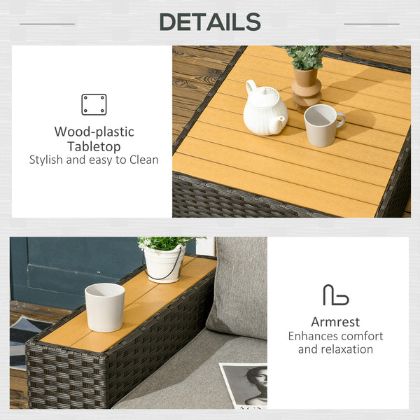 6 Pieces Rattan Patio Furniture Set, 5 Seater Sectional Outdoor Furniture with Wicker Corner Sofa and Wood-Plastic Coffee Table for Deck, Porch, Garden, Light Grey