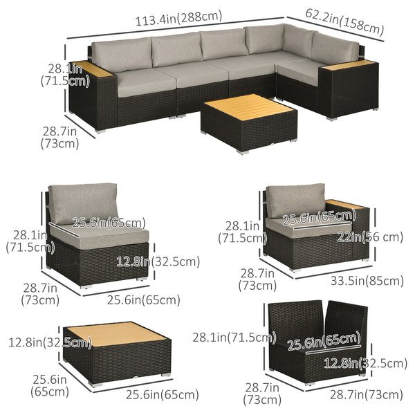 6 Pieces Rattan Patio Furniture Set, 5 Seater Sectional Outdoor Furniture with Wicker Corner Sofa and Wood-Plastic Coffee Table for Deck, Porch, Garden, Light Grey
