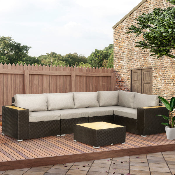 6 Pieces Rattan Patio Furniture Set, 5 Seater Sectional Outdoor Furniture with Wicker Corner Sofa and Wood-Plastic Coffee Table for Deck, Porch, Garden, Light Grey