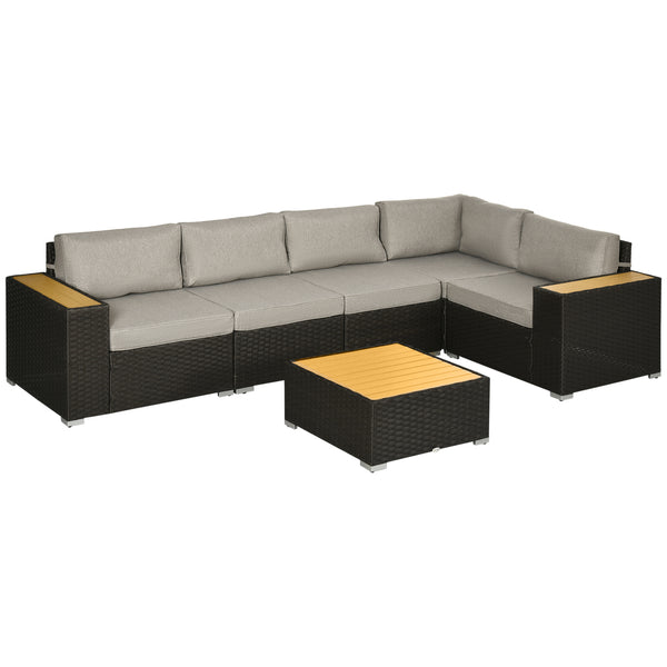 6 Pieces Rattan Patio Furniture Set, 5 Seater Sectional Outdoor Furniture with Wicker Corner Sofa and Wood-Plastic Coffee Table for Deck, Porch, Garden, Light Grey