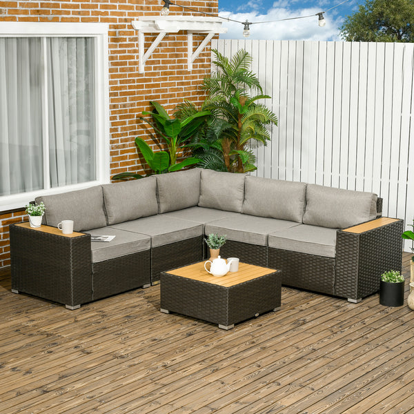 6 Pieces Rattan Patio Furniture Set, 5 Seater Sectional Outdoor Furniture with Wicker Corner Sofa and Wood-Plastic Coffee Table for Deck, Porch, Garden, Light Grey
