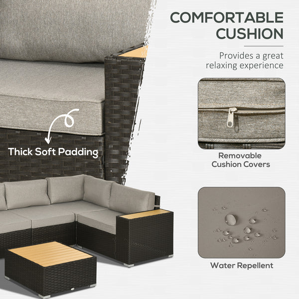 6 Pieces Rattan Patio Furniture Set, 5 Seater Sectional Outdoor Furniture with Wicker Corner Sofa and Wood-Plastic Coffee Table for Deck, Porch, Garden, Light Grey