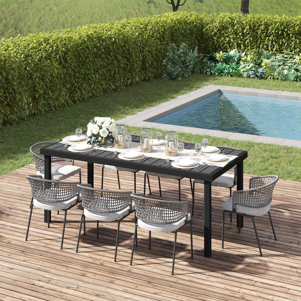 Garden Table for 8 People, Rectangular Aluminium Outdoor Dining Table with All-Weather Faux Wood Top for Garden, Patio, 190 x 90 x 74 cm, Black