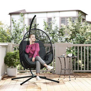 Hanging Egg Chair Outdoor Indoor, Swing Hammock Chair with Stand, Cushions, Lumbar Pillow, Adjustable Height and Steel Frame for Garden Patio Lounge Porch, Dark Grey