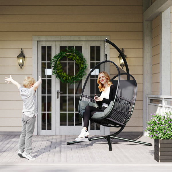 Hanging Egg Chair Outdoor Indoor, Swing Hammock Chair with Stand, Cushions, Lumbar Pillow, Adjustable Height and Steel Frame for Garden Patio Lounge Porch, Dark Grey