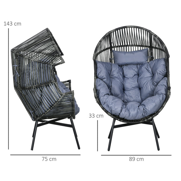 Garden Egg Chair with 14cm Thick Seat Cushion, PE Rattan Leisure Chair with Comfortable Headrest, Adjustable Feet, Steel Frame, Mixed Grey