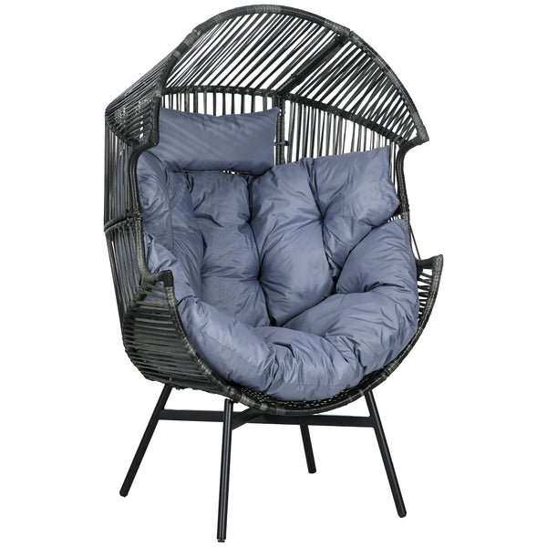 Garden Egg Chair with 14cm Thick Seat Cushion, PE Rattan Leisure Chair with Comfortable Headrest, Adjustable Feet, Steel Frame, Mixed Grey