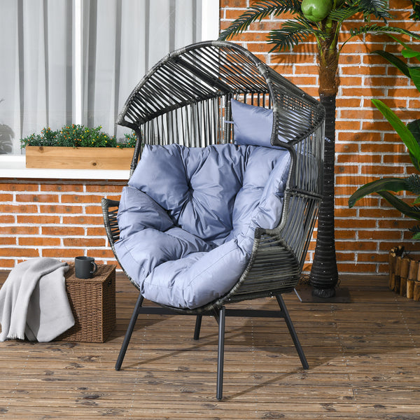 Garden Egg Chair with 14cm Thick Seat Cushion, PE Rattan Leisure Chair with Comfortable Headrest, Adjustable Feet, Steel Frame, Mixed Grey