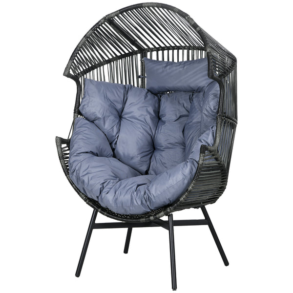 Garden Egg Chair with 14cm Thick Seat Cushion, PE Rattan Leisure Chair with Comfortable Headrest, Adjustable Feet, Steel Frame, Mixed Grey