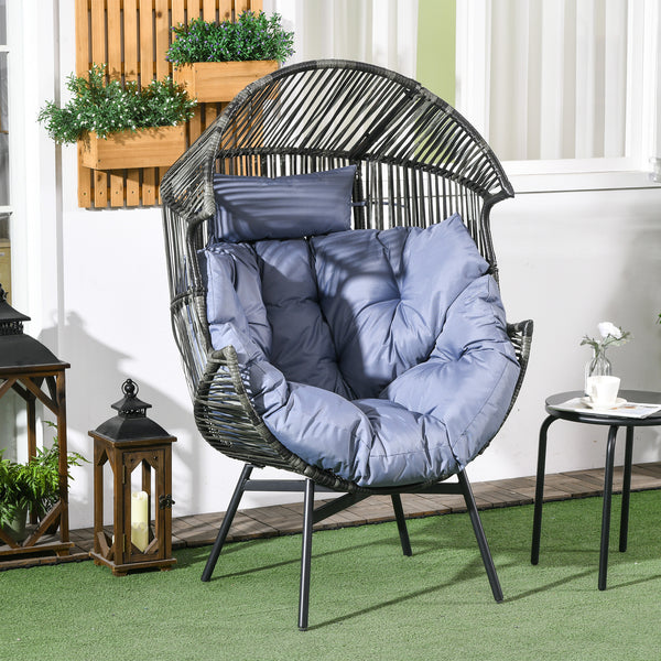 Garden Egg Chair with 14cm Thick Seat Cushion, PE Rattan Leisure Chair with Comfortable Headrest, Adjustable Feet, Steel Frame, Mixed Grey