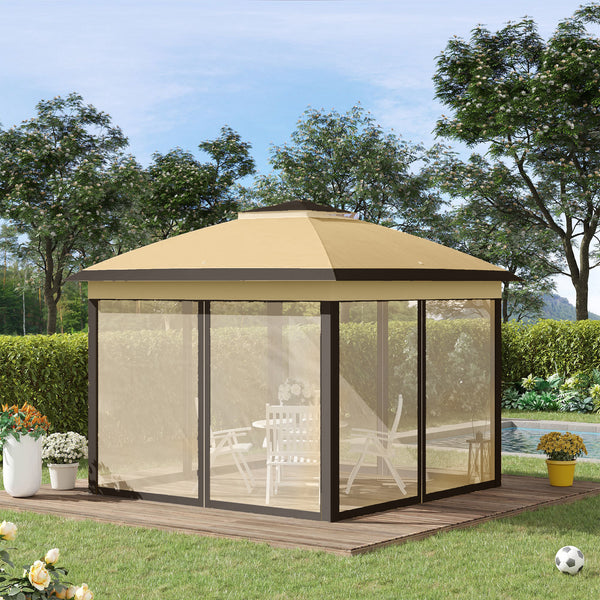 3.3 x 3.3m Pop Up Gazebo, Double Roof Foldable Canopy Tent with Zipped Mesh Sidewalls, Height Adjustable and Carrying Bag, Event Tent for Patio Garden, Beige