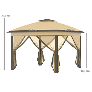 3.3 x 3.3m Pop Up Gazebo, Double Roof Foldable Canopy Tent with Zipped Mesh Sidewalls, Height Adjustable and Carrying Bag, Event Tent for Patio Garden, Beige