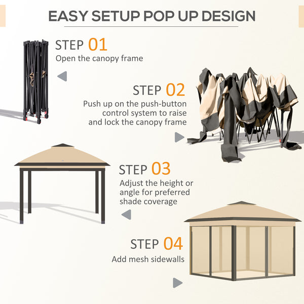3.3 x 3.3m Pop Up Gazebo, Double Roof Foldable Canopy Tent with Zipped Mesh Sidewalls, Height Adjustable and Carrying Bag, Event Tent for Patio Garden, Beige