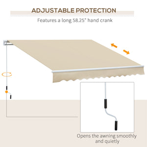 12' x 8' Retractable Awning Patio Awnings Sun Shade Shelter with Manual Crank Handle, 280g/m² UV & Water-Resistant Fabric and Aluminum Frame for Deck, Balcony, Yard, Cream White