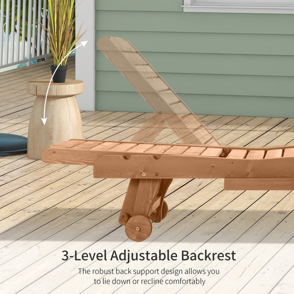 Garden Patio Sun Lounger, Outdoor Wooden Sun Bed with Built-In Table, Reclining Backrest and Rolling Wheels for Sunbathing, Red Brown