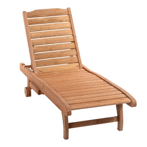 Garden Patio Sun Lounger, Outdoor Wooden Sun Bed with Built-In Table, Reclining Backrest and Rolling Wheels for Sunbathing, Red Brown