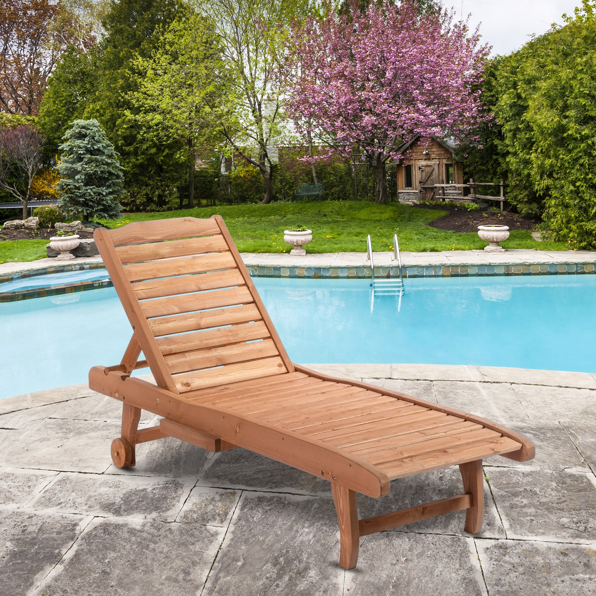Wooden Garden Sun Lounger with Built-In Table, Reclining Backrest Rolling Wheels, Red Brown