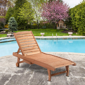 Garden Patio Sun Lounger, Outdoor Wooden Sun Bed with Built-In Table, Reclining Backrest and Rolling Wheels for Sunbathing, Red Brown