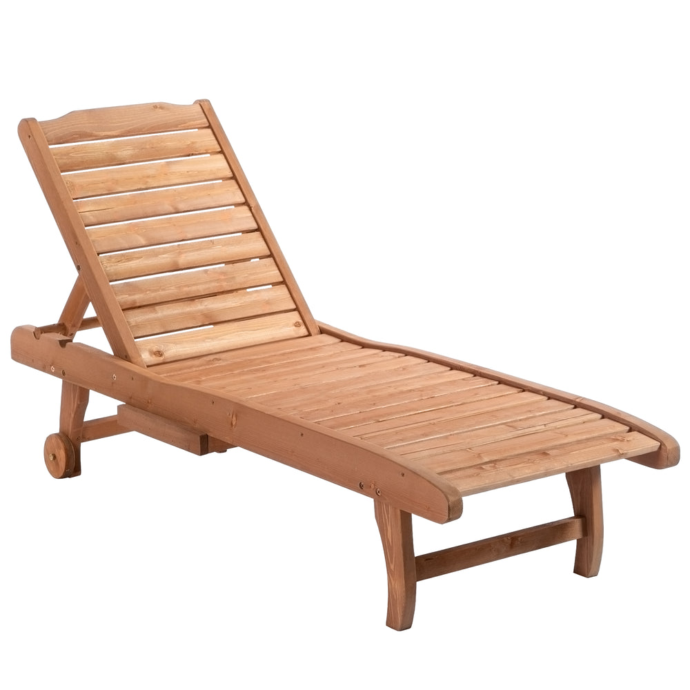 Garden Patio Sun Lounger, Outdoor Wooden Sun Bed with Built-In Table, Reclining Backrest and Rolling Wheels for Sunbathing, Red Brown