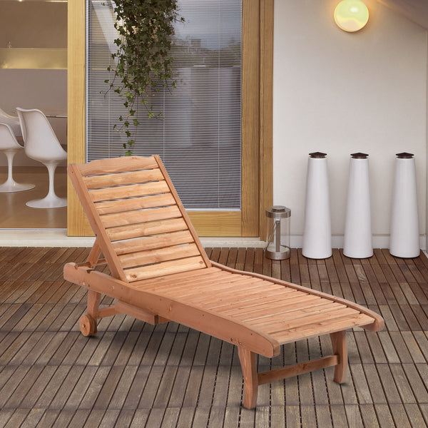 Garden Patio Sun Lounger, Outdoor Wooden Sun Bed with Built-In Table, Reclining Backrest and Rolling Wheels for Sunbathing, Red Brown