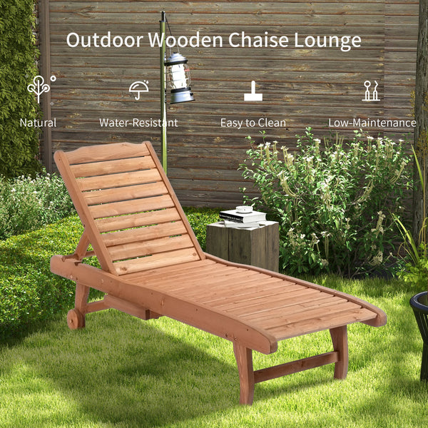 Garden Patio Sun Lounger, Outdoor Wooden Sun Bed with Built-In Table, Reclining Backrest and Rolling Wheels for Sunbathing, Red Brown