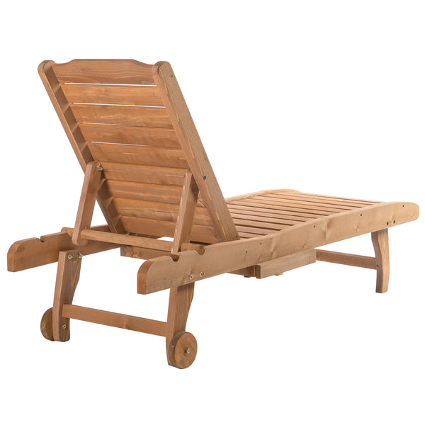 Garden Patio Sun Lounger, Outdoor Wooden Sun Bed with Built-In Table, Reclining Backrest and Rolling Wheels for Sunbathing, Red Brown