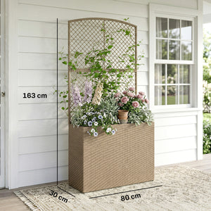 Garden Planter with Trellis, Rattan Raised Beds for Garden with Liner, Freestanding Outdoor Planter Box for Climbing Plants, Herbs, Vegetables, Flowers, 80 x 30 x 163 cm, Light Grey