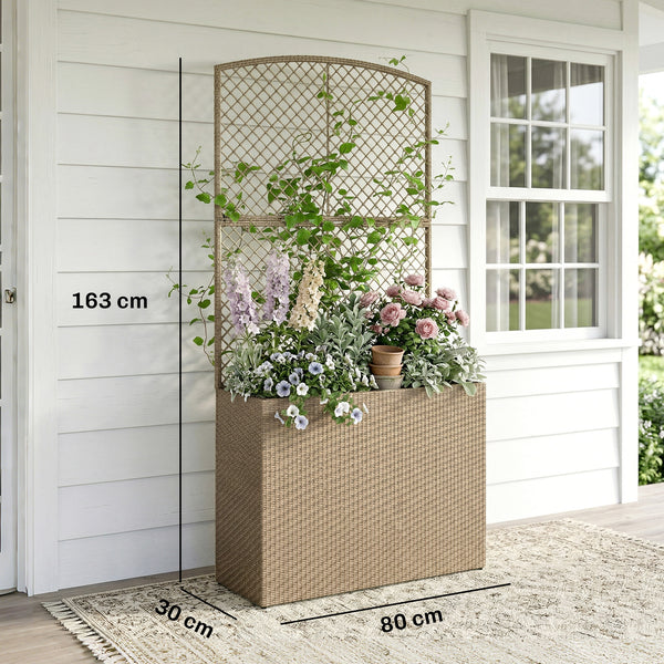 Garden Planter with Trellis, Rattan Raised Beds for Garden with Liner, Freestanding Outdoor Planter Box for Climbing Plants, Herbs, Vegetables, Flowers, 80 x 30 x 163 cm, Light Grey