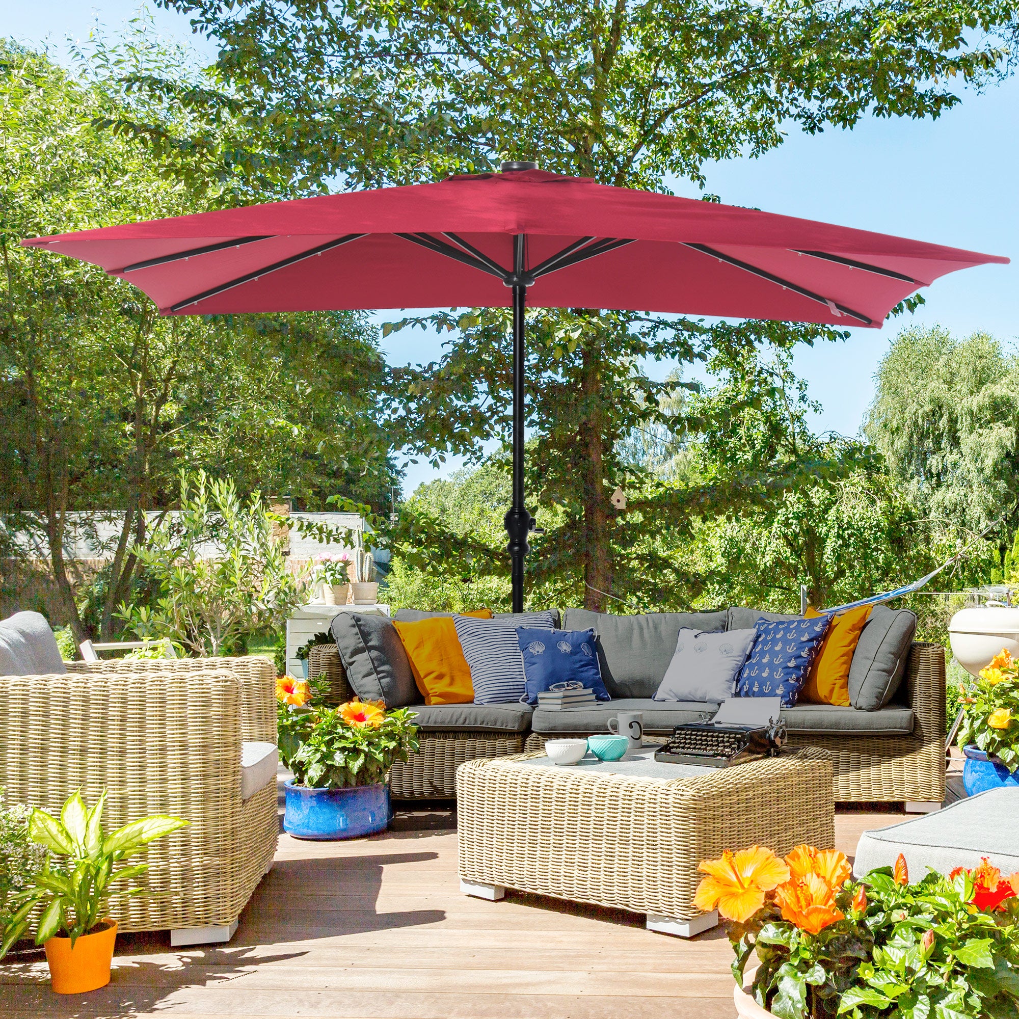 9 patio umbrella wine Outsunny 9ft Solar LED Patio Umbrella Outdoor Table Market Shade Crank Red