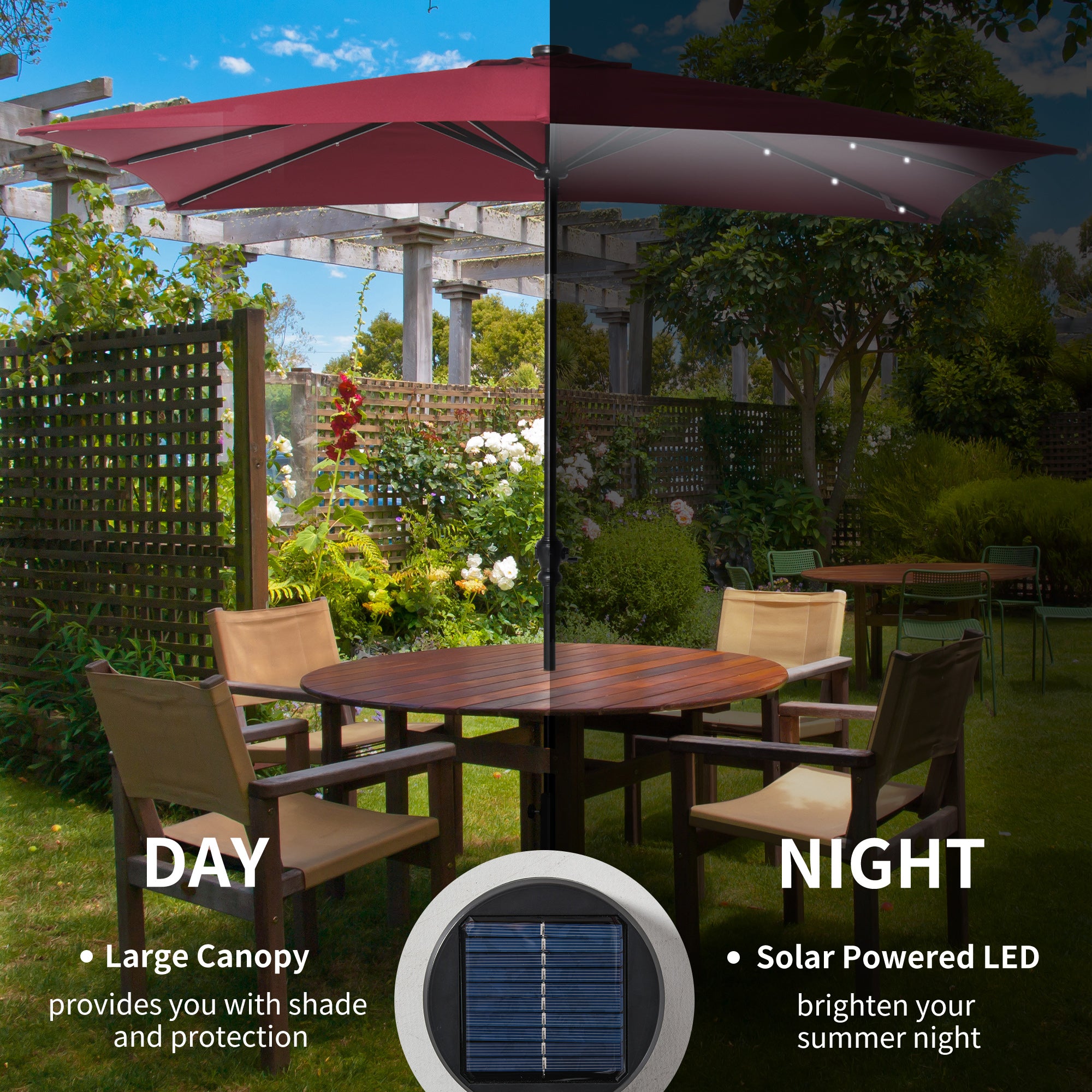 Outsunny 9ft Solar LED Patio Umbrella Outdoor Table Market Shade Crank Red