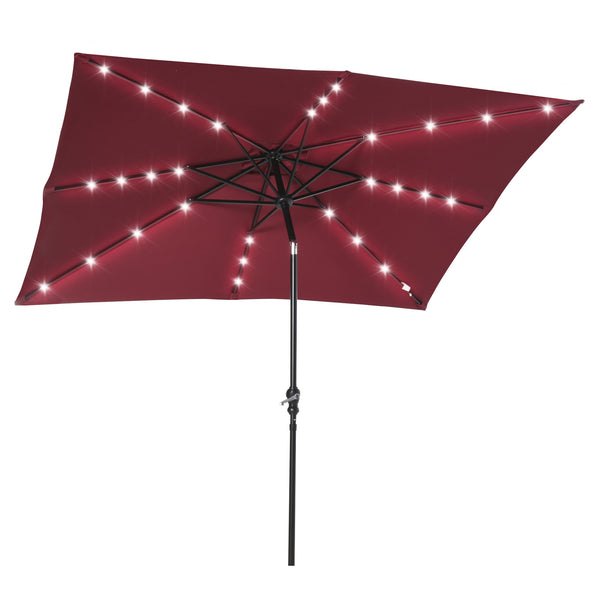 Outsunny 9' x 7' Solar Umbrella, LED Lighted Patio Umbrella for Table or Base with Tilt & Crank, Outdoor Umbrella for Garden, Deck, Backyard, Pool, Beach, Wine Red