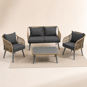4-Piece Rattan Conversation Set with Loveseat, 2 Armchairs & Acacia Table, Grey