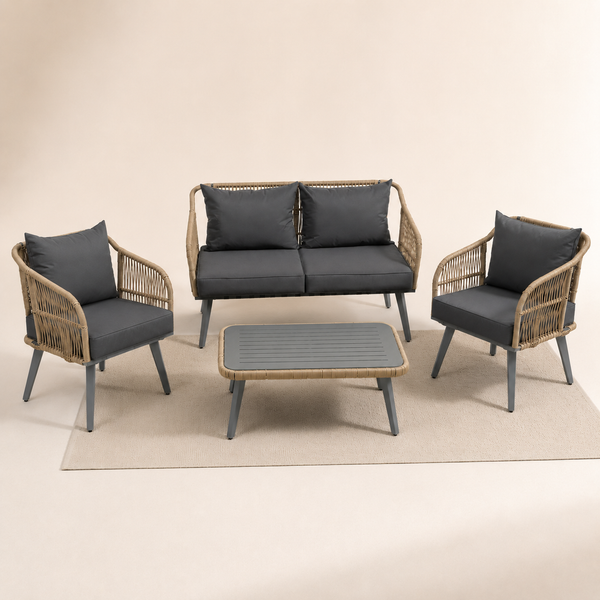 4-Piece Rattan Conversation Set with Loveseat, 2 Armchairs & Acacia Table, Grey