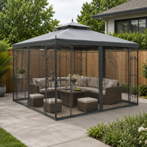 10' x 10' Patio Gazebo with Corner Shelves, Double Roof & Netting, Gray
