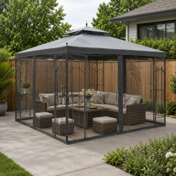 10' x 10' Patio Gazebo with Corner Shelves, Double Roof & Netting, Gray