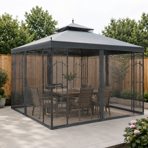 10' x 10' Patio Gazebo with Corner Shelves, Double Roof & Netting, Gray